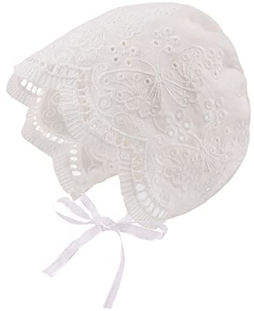 Lace Baby Girl Bonnet Cotton Christening Bonnet for Newborn Infant Girls White Princess Sun Protection Hat 0-3 Months (Cloth-White Butterfly, 0-3 Months)