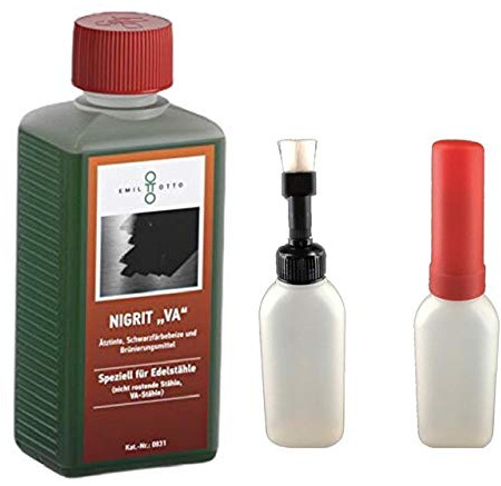 500 g Schnellbeize NIGRITVA, zum Kaltbrünieren - Schwarzfärben von Edelstähle (nicht rostende Stähle, VA-Stähle) + Pinselflasche mit KISI-Verschluss, 100 ml Fassungsvermögen (unbefüllt)
