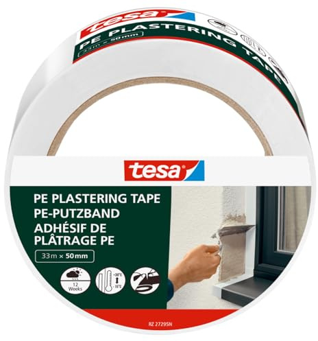 tesa Putzband PE - Putzklebeband mit hochwertigem PE-Trägermaterial - zum Schutz beim Verputzen im Außenbereich - temperaturbeständig - weiß - 33 m x 50 mm