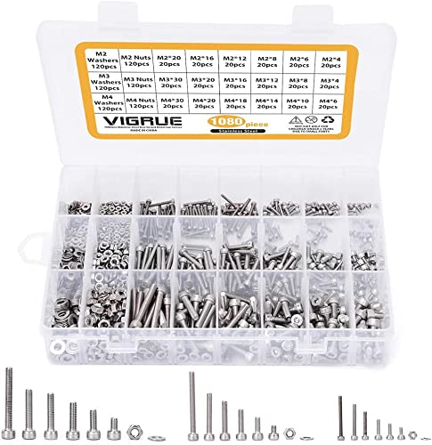 VIGRUE 1080 Stück M2 M3 M4 Zylinderschrauben mit Innensechskant Gewindeschrauben Sortiment mit Muttern Unterlegscheiben und Innensechskantschlüsseln aus Edelstahl…