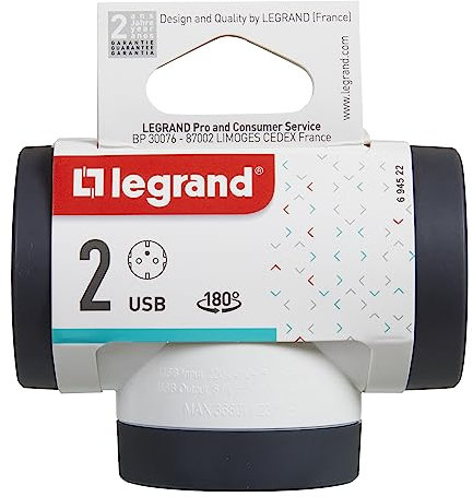 LEGRAND Adaptadores 2P+T, 2 Tomas de enchufes/Corriente Laterales giratorias, Puertos USB Tipo A y C, Ladron de enchufes, Color Blanco/Gris Oscuro 694522