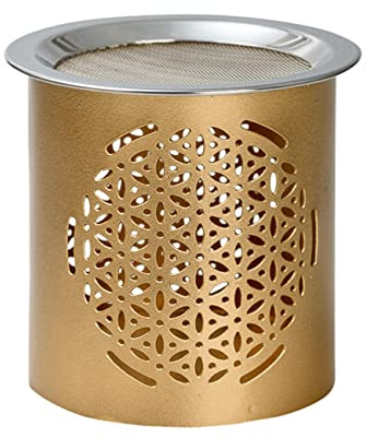 RÄUCHERSTÖVCHEN aus EISEN in GOLD mit BLUME DES LEBENS Motiv – Handgefertigt, Sieb für Räuchern mit TEELICHT, Aromatherapie STÖVCHEN, 8 cm Höhe – Ideal für Meditation, Duftöle & Spirituelle Atmosphäre