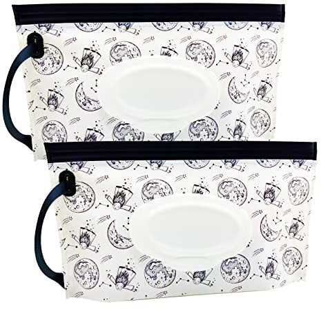 2 Pièces Pochettes de Lingettes Humides, Sac à Lingettes Mouillées Portable, Distributeur Pochette Boîte de Rangement de Lingettes Humides Réutilisable pour Bébé Lingettes (Moon Pattern)