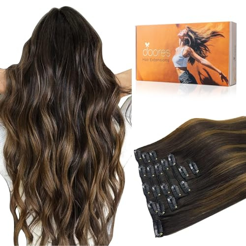 DOORES Clip in Extensions Echthaar, Balayage Dunkel Braun to Chestnut Braun Extensions Echthaar 30cm 12 Zoll 7 Stück 80g Remy Haarverlängerung Echthaar Natürliche Echthaar Extensions | Natürlich aussehend, verleiht dünnem Haar Volumen für den täglichen Gebrauch, Dunkelbraun bis Kastanienbraun, 30,5 cm, 80 g