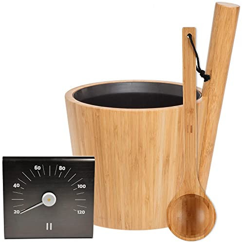 Hochwertige Sauna- Set's inkl. digitaler POOL Total Saunabroschüre - Saunaeimer aus Bambus mit Kelle & Thermometer - 5 L Fassungsvermögen - Saunazubehör für Aufguss & Entspannung