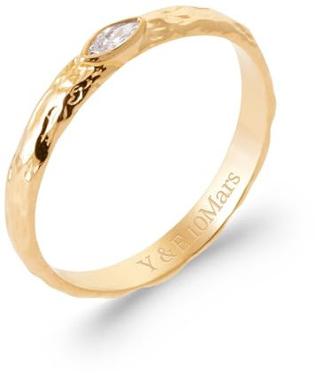 Bague en Plaqué Or 18 carats - Anneau Martelé et Pierre Marquise de Couleur - Emballage Cadeau (Pink, 50)