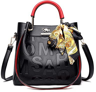 NICOLE & DORIS Damen Handtasche Modern Schultertaschen PU Leder Shopper Taschen Satchel Handtasche Designer Umhängetasche Bedruckte Tote Taschen mit Seidenschal Rot