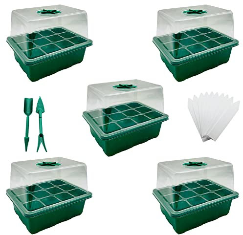 YOOAEFRTY Seed Starter Tray Seedling Kits, 5-Pack Garden Propagator Set with Adjustable Humidity Dome and Base Mini Greenhouse Germination Kit for Seeds Growing Starting (12 Cells per Tray)