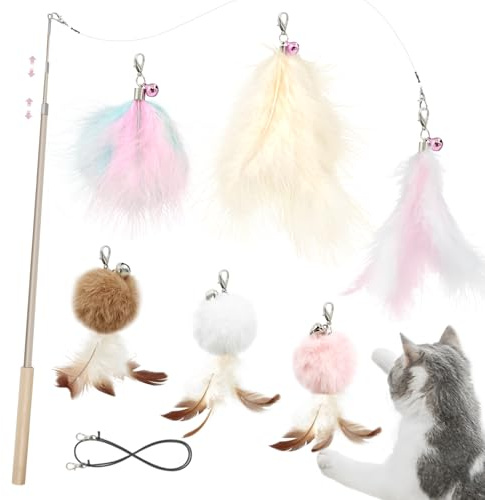 SONGWAY Interactive Cat Feather Toys - 7 PCS Cat Toys Set for Indoor Cats, Retractable Wand with Feather Tail Toy Refills, Kitten Toys Gift, Pink