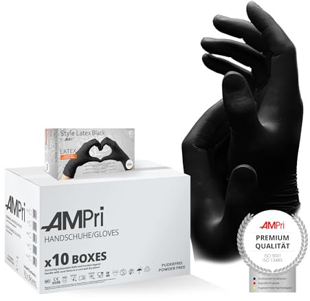 AMPRI Latexhandschuhe, schwarz, 10 Box a 100 Stk, Größe XL, puderfrei, Style Latex Black: Latex Einweghandschuhe in den Größen XS, S, M, L, XL