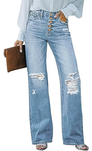 Roskiky Pantalon Jeans Femme Taille haute Pantalon évasé avec trous Jeans stretch baggy, Bleu cool, XL