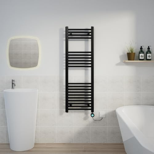 Warmehaus Black Electric Straight Thermostatic Towel Radiator 1200x400mm | Timer, Prefilled, LCD Display, Child Lock, Dual Fuel, Mild Steel, Wall Mounted, Bathroom Ladder Towel Warmer