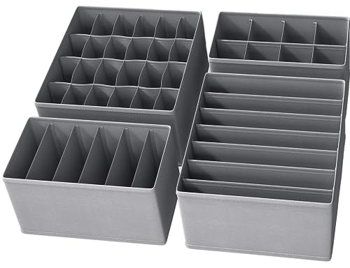 Bazasa 4er Grau Schrank Organizer Shublade Stoff Odnungssystem für Kleidershrank Faltbare Organizer Aufbewahrung Box Schubladentrenner für Unterwäsche BHS Socken Krawatten Underwear Wickelbedarf