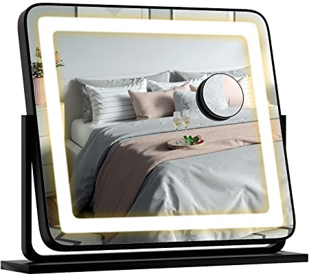 LIFEZEAL Schminkspiegel mit Beleuchtung, Hollywood-Spiegel mit 3 Farben, Tisch- und Schminktischspiegel 5-Fach Vergrößerung & Smart Touch, 360° drehbar und 3 Helligkeitsmodi, 50 x 44 cm