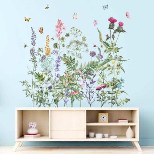 Amimagen Wandtattoos Aquarell Blumen Wandaufkleber - Libellen Schmetterling Blumen Wandsticker - Schlafzimmer Wohnzimmer Sofa TV Hintergrund Wanddeko