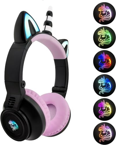 hisonic Einhorn Kopfhörer Bluetooth, Kinderkopfhörer mit Bunte Lichter, Mikrofon und SD-Kartensteckplatz für Mädchen ab 3 Jahre. (Einhorn Schwarz)