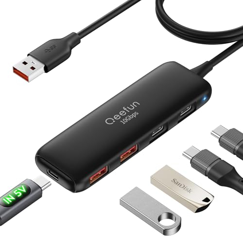 Qeefun 10Gbps USB Hub, 3.2 USB Hub mit 2 USB-C und 2 USB-A, USB 3.2 GEN 2 Splitter mit Type-C Power Port, für Dell XPS, Thinkpad, Surface Pro, HP und mehr