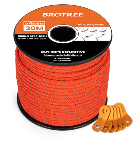 Brotree Campingrep 4mm 30m Reflekterande Tältspännlinor Vindtät Tält Guide Rep med 6 St Aluminiumspännare för Camping Tent Markis Gazebo (Neonorange)