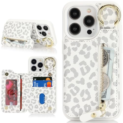 Zouzt Case for iPhone 14 Pro Max 6.7 Inch, Wallet Case with Credit Card Holder Slot, Premium PU Leather Key Ring Zipper Shockproof Protective Phone Cover for Men Women - White Leopard