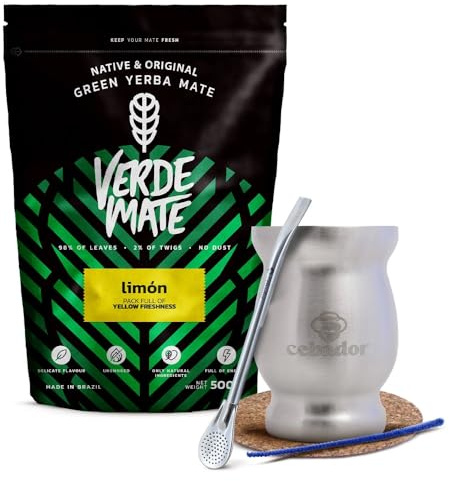 Service de mate avec accessoires | Verde Mate Limon | Lemon yerba mate | Tasse à maté thermique TermoMate, bombilla et accessoires | Caféine naturelle | Yerba mate brésilien | 500g | 0,5kg