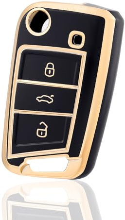 OFF WE GO Autoschlüssel Hülle Schlüssel Hülle Schlüsselhülle Cover für VW Golf 7 Polo Skoda Octavia Tiguan MK7 Jetta Seat Leon Fabia Ibiza Fabia Superb Schlüsselcover Schutz Gehäuse, Schwarz Gold