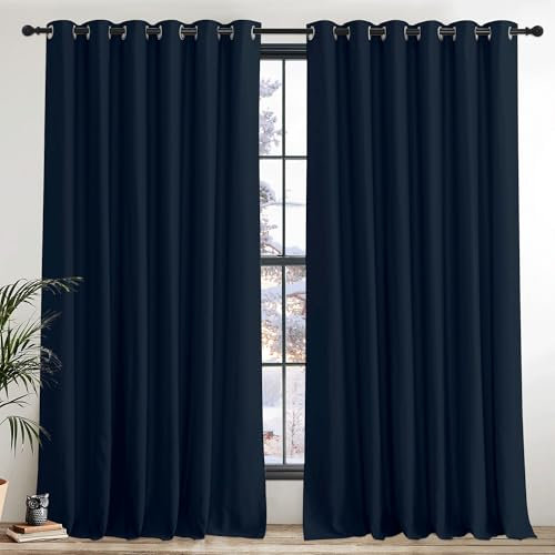 PONY DANCE Blackout Curtain 2 Panels - 90 x 108 Inch Extra Wide Door Curtain Thermal Insulated Eyelet Drapes Bedroom，Hotel, Living Room Large Curtains, Navy Blue