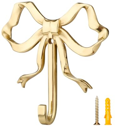 Bow Wall Hooks, 9.3x9cm Decorative Knot Brass Purse Hanger, Vintage Gold Coat Rack Mount for Hanging Keys, Hats, Towels, Bags, Umbrella