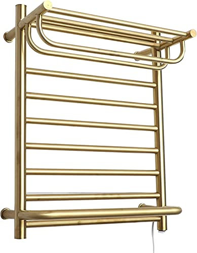 QRXALISA Electric Heated Towel Rail with Shelf,Thermostat Towel Rack 304 stainless steel Gold Wall Mount Radiator,Energy Efficient (Hardwired)
