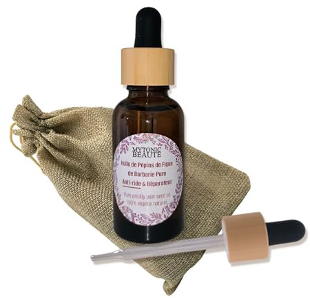 Huile de Pépin de Figue de Barbarie Bio 30ml + Bouchon Bambou avec Pipette, Bouteille en verre ambré - Visage Anti Âge et Anti Cerne - 100% Pure, Naturelle. Pinckly Pear Seed Organic Oil