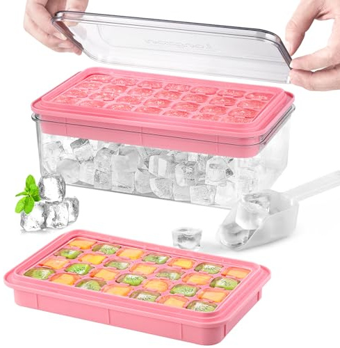 longzon Mini Eiswürfelform mit Deckel und Behälter, 56 Stück Eiswürfelschalen für Gefrierschrank, auslaufsicherer, abnehmbarer Deckel und Eisschaufel, Eiswürfelform für Whiskey-Cocktails– Rosa