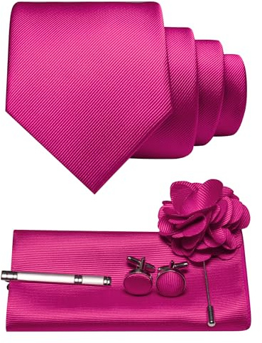 JEMYGINS Corbata de sarga para hombre con diseño monocolor, incluye gemelos cuadrados de bolsillo, pinza de corbata y broche de flores, set de regalo para fiestas, negocios, bodas