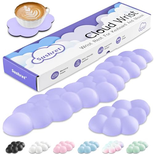 Sushret Cloud Wrist Rest Keyboard and Mouse Set, PU Leather Memory Foam Wrist Support Keyboard, Cute Cloud Arm Rest Pad & Palm Cushion, PC/Gaming Desk Accessory for Office, Computer Setup, Purple