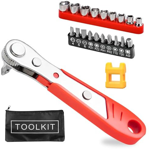 21 Stück Ratschenschlüssel Magnetisch, 110 mm 1/4 Zoll Ratschenschlüssel Winkelschrauber, Mini Ratchet Wrench Wendeschrauber für Gadgets, Autos, Häuser mit Schraubendreher Bits und Steckschlüssel Set