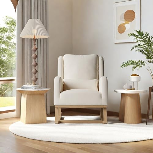Sedia a Dondolo, Sedia a Dondolo da Interno, Poltrona a Dondolo con Due Tasche Laterali, Poltrona a Dondolo Allattamento con Gambe in Legno Massello, Lino, Beige
