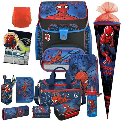Pridera Scooli Schulranzen Jungen 1.Klasse Spider EasyFitSet 14tlg. mit Sporttasche Brustbeutel Heftmappe Stifteköcher, passend dazu Schultüte Brotdose Trinkflasche Regenhülle gratis