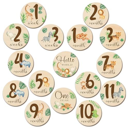SacJkt tarjetas de hitos para bebés, 16 Piezas tarjetas meses bebe con animales de colores impresos, gran regalo para nacimientos y baby showers