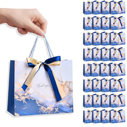 30 Stück Geschenktüten mit Henkel, Kleine Partygeschenktüten mit Schleife Geschenktüte Geburtstag, Papier Geschenktüte für Muttertag, Valentinstag und Hochzeitsfeiern (Vintage-Blau)