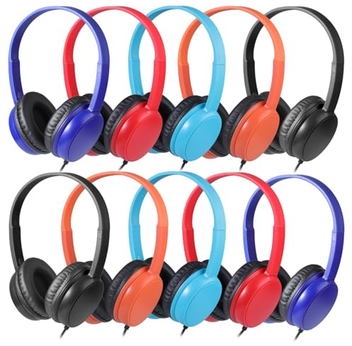 Waneni Classroom Headphones Bulk 10 Pack Mutli Colors for School Kids, Class Sets Headsets for Students (Durable,Leather Earcup, Noise Reducing, Comfortable, Easy-to-Clean)