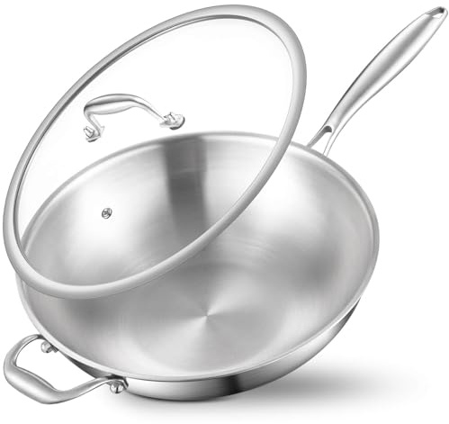 Nontoxicook Tri-Ply Stainless Steel Wok Pan, 30cm(12inch) Cooking Wok with Lid, with Side Ear, Wide & Deep Cookware Stir-Fry Pans, Oven Safe Up to 315℃, Works on Induction
