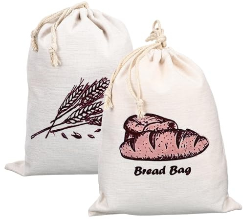 DECOMELODY Sacchetti per Pane in Lino 2 Pezzi Coulisse Borse Riutilizzabili per Conservazione Freschezza Alimenti in Cucina e Attività All'aperto