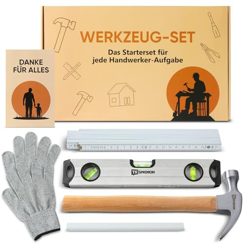 Geschenk Set - Hammer + Zollstock + Wasserwaage + Zimmermannsbleistift + Handschuhe - mit Name personalisiert - Gravur - Handwerker Bauherr Vatertag Papa Opa Weihnachten Geschenkset Männer
