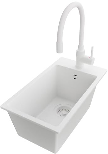 PRIMAGRAN Lavandino da Cucina al Mobile 30cm + Rubinetto, 28x50cm | Set: Rubinetto BW6020 + Kit di scarico + Lavello in Granito a 1 Vasca - Riga, Tutto Bianco