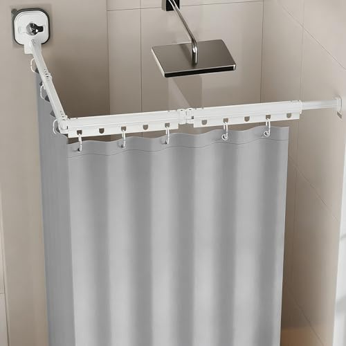 Faltbare Duschvorhangstange mit Saugnapf Und Dusch-vorhang,Duschvorhang Ohne Bohren,Einziehbarer Wäscheständer, Duschvorhangstange für Badezimmer, Ecke (4Wege Weiß+1,5x 2m Duschvorhang)