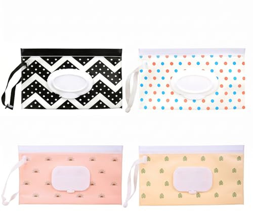 4 Piezas Porta Toallitas Húmedas Bebé, Dispensador de Toallitas Reutilizable y Rellenable, Bolsa Portátil Impermeable con Tapa de Cierre Hermético para Viajes y Paseo, Diseños Modernos