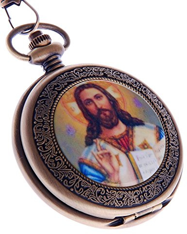 Montre de Poche Jesus Christ Quartz avec Chaîne Full Hunter Étui en Bronze Chiffres Arabes PW-49