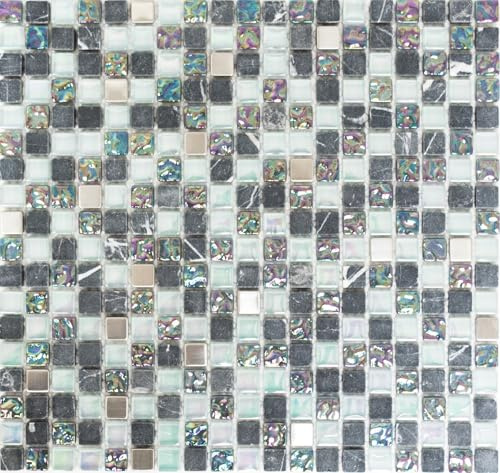 Mosaik Quadrat Crystal/Stein/Edelstahl mix grau Metall Mix Fliesenspiegel, Mosaikstein Format: 15x15x8 mm, Mattengröße: 322x305 mm, 1 Matte