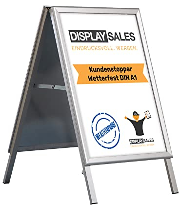 DISPLAY SALES Kundenstopper wetterfest A1 silber SLIM | Plakatständer mit 32 mm Profil für DIN A1 Plakate | Poster Aufsteller mit Wasserablauflöchern | Kundenstopper inkl. 2 PET Folien