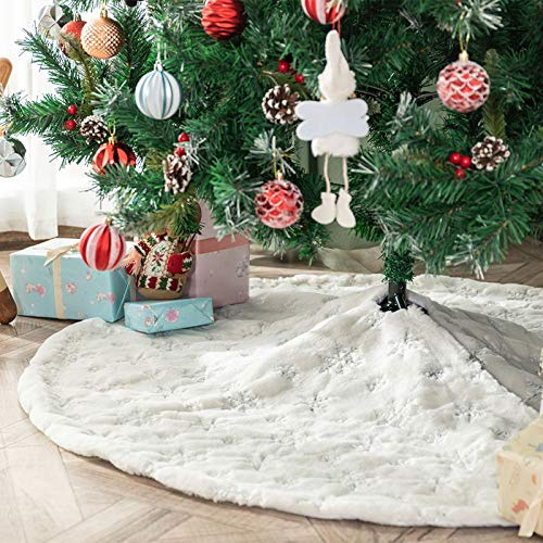 Deggodech 78cm Jupe de Sapin de Noël en Peluche Blanc - Couvre Pied Avec Argent Flocons de Neige - Décorations d'Arbre de Noël Tapis (Argent, 78cm/31inch)
