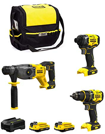 STANLEY FatMax Kit SVK20322A (Taladro Atornillador SFMCD720 + Martillo SFMCH900 + Atornillador de Impacto SFMCF810 + 2 Baterías de 2,0 Ah + Cargador + Bolsa M)
