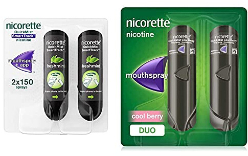 Nicorette QuickMist SmartTrack Mouthspray Duo Pack, 1mg, QuickMist Cool Berry Mouth Spray, 1 mg/Spray,Duo Pack - 2 x 150 Sprays (Quit Smoking & Stop Smoking Aid)